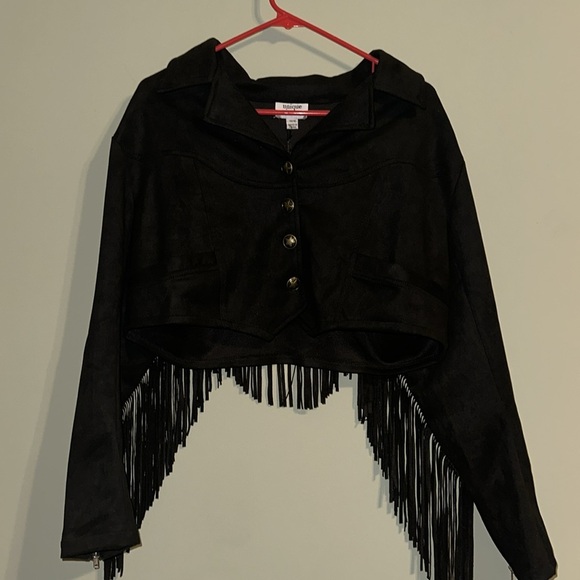 Unique Vintage 70s Faux Suede Fringe Cattle Call Crop Jacket Black Sz 1X/16 - Picture 3 of 9